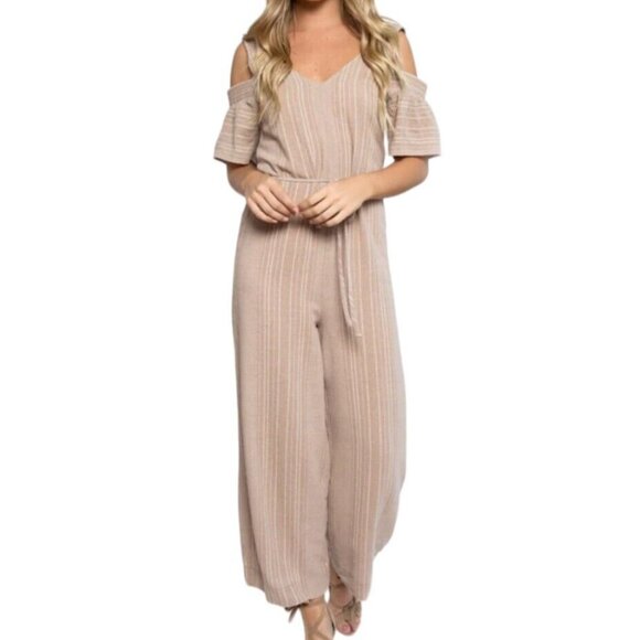 Moon River Womens S Taupe Muslin Cotton Wide Leg Cold Shoulder Jumpsuit‎ NEW - Picture 1 of 11